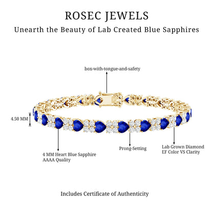 Heart Shape Lab Grown Blue Sapphire and Diamond Tennis Bracelet