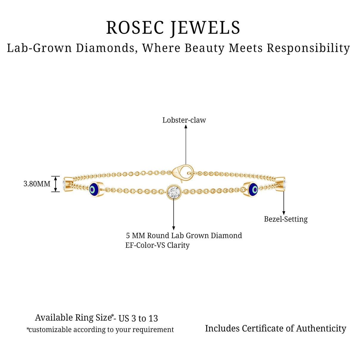 Lab Grown Bezel Set Diamond Evil Eye Bracelet