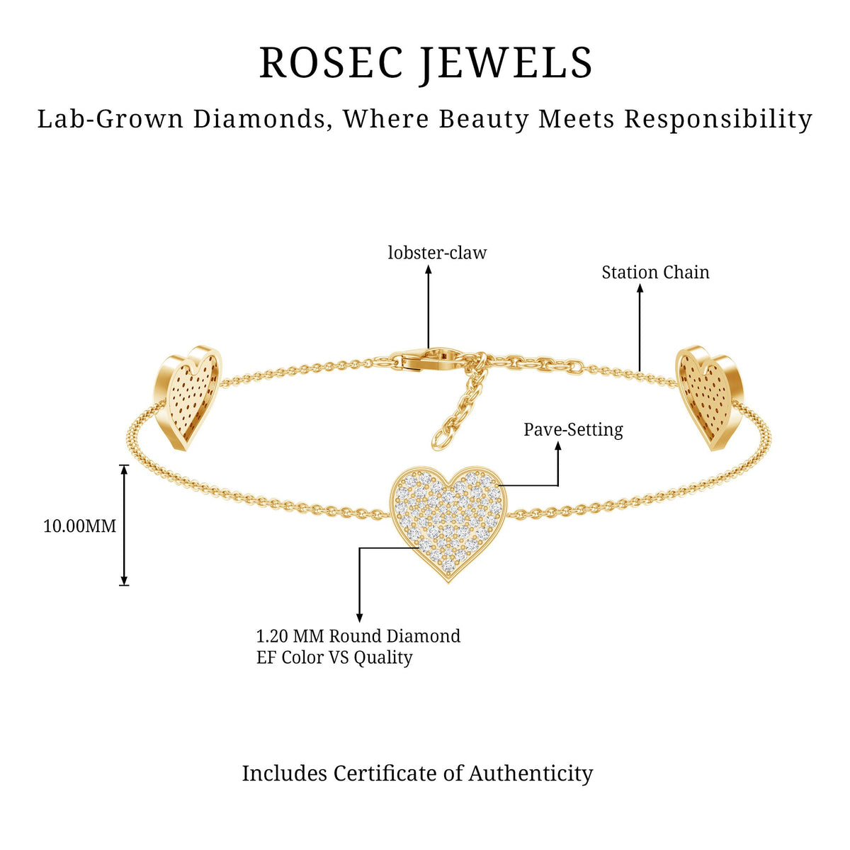 Pave Set Lab Grown Diamond Heart Bracelet for Women