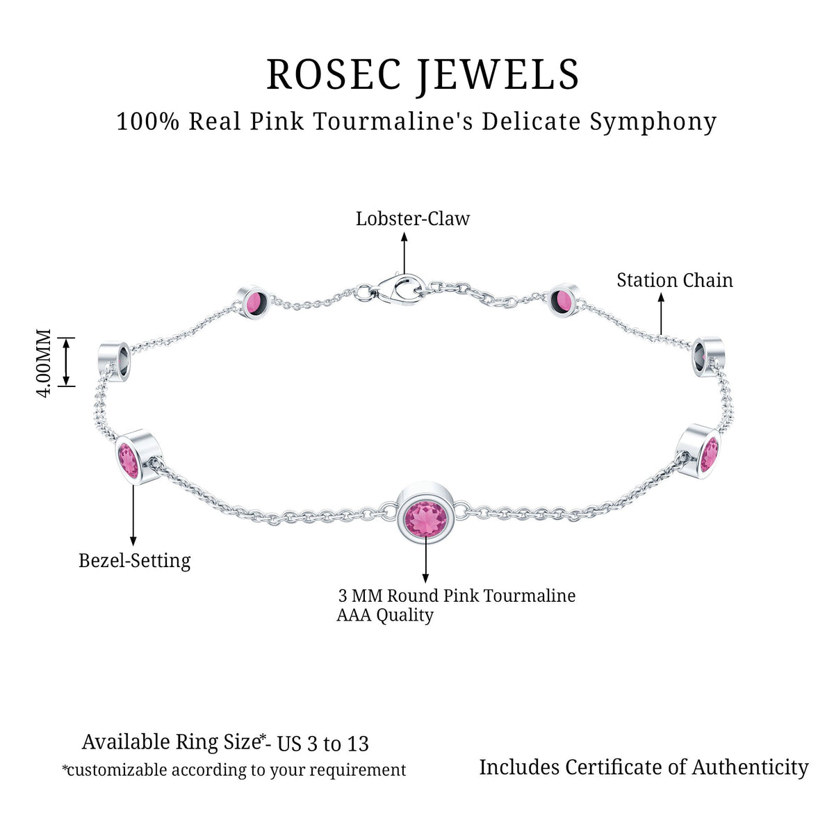 Real Pink Tourmaline Station Chain Bracelet for Women