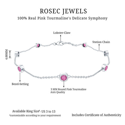 Real Pink Tourmaline Station Chain Bracelet for Women