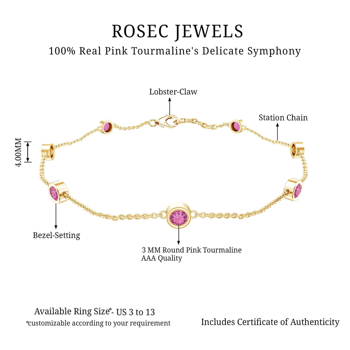 Real Pink Tourmaline Station Chain Bracelet for Women