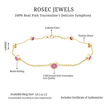 Real Pink Tourmaline Station Chain Bracelet for Women