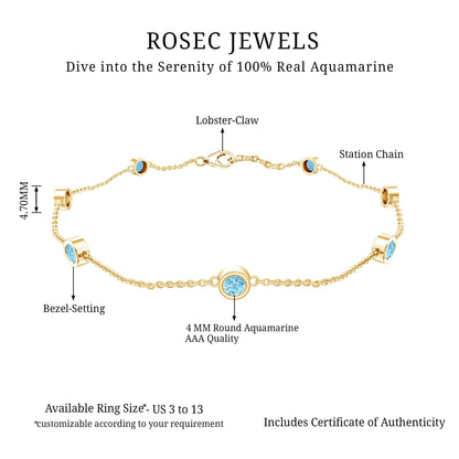 Bezel Set Aquamarine Station Bracelet for Women