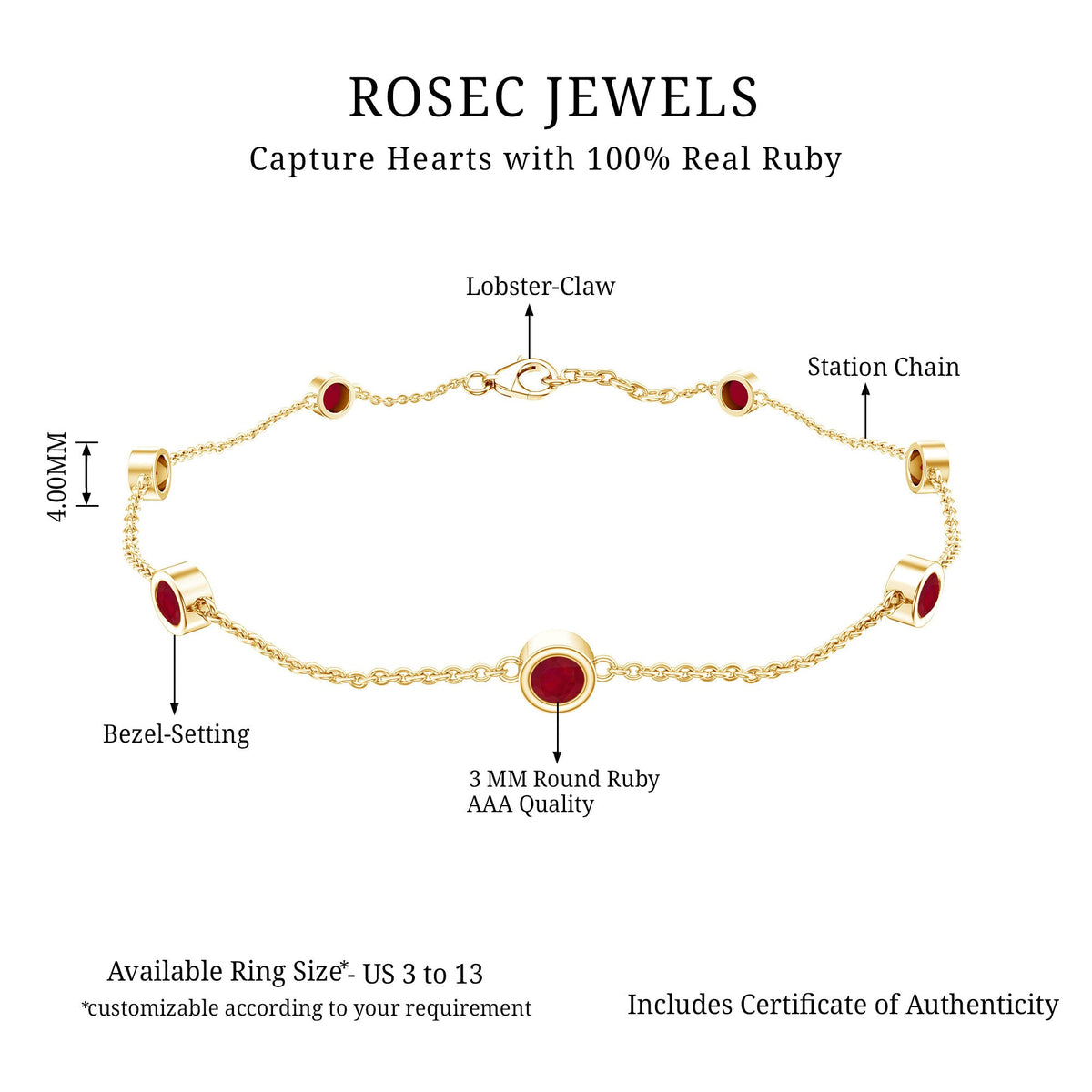 Natural Ruby 7 Stone Station Chain Bracelet for Women