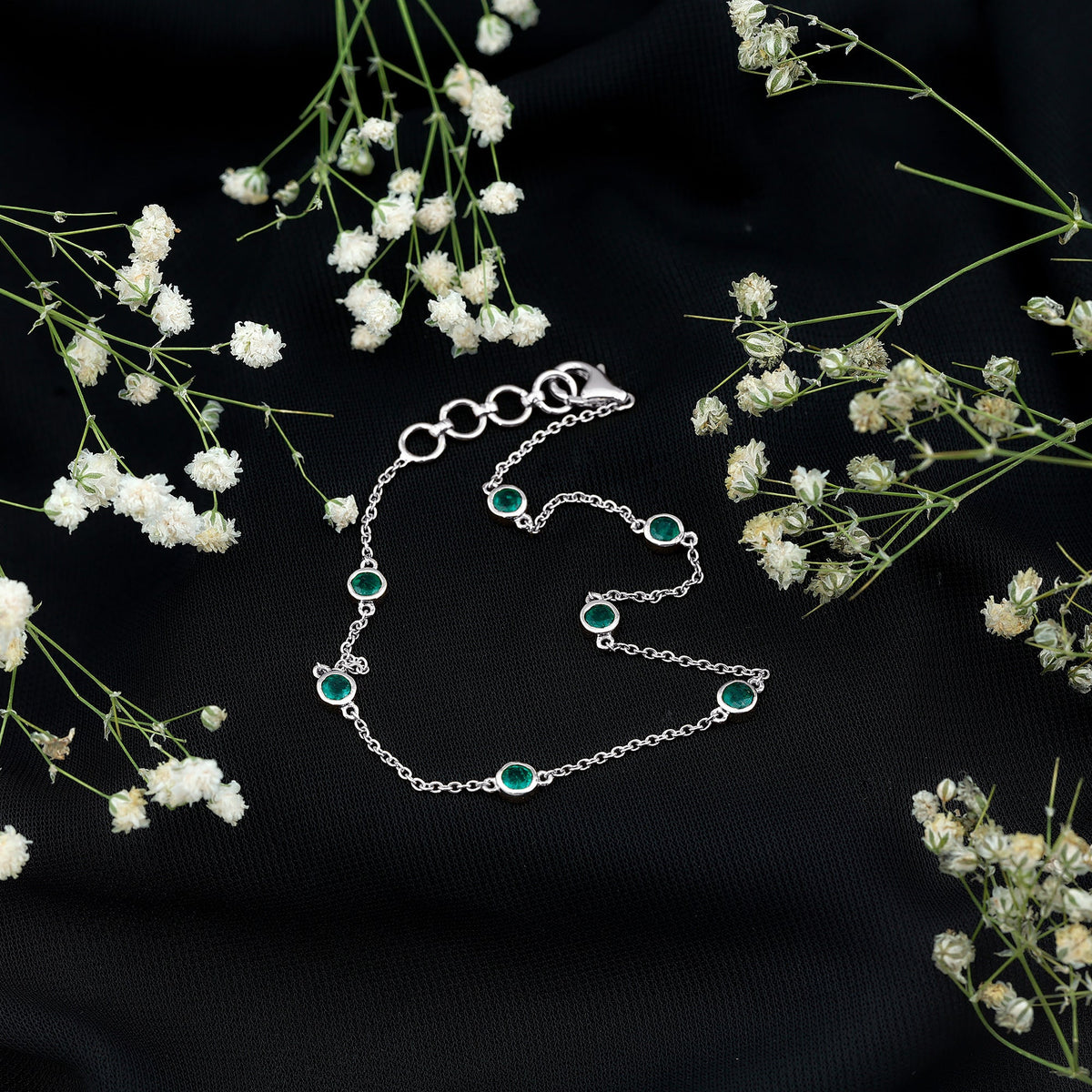 Bezel Set Emerald Station Chain Bracelet for Her