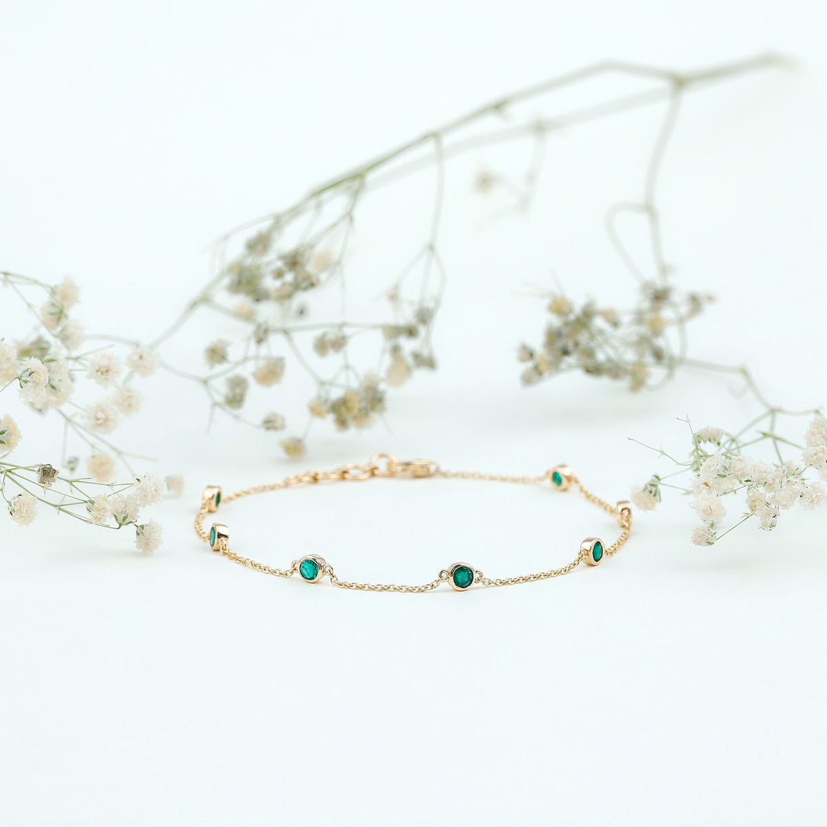 Bezel Set Emerald Station Chain Bracelet for Her