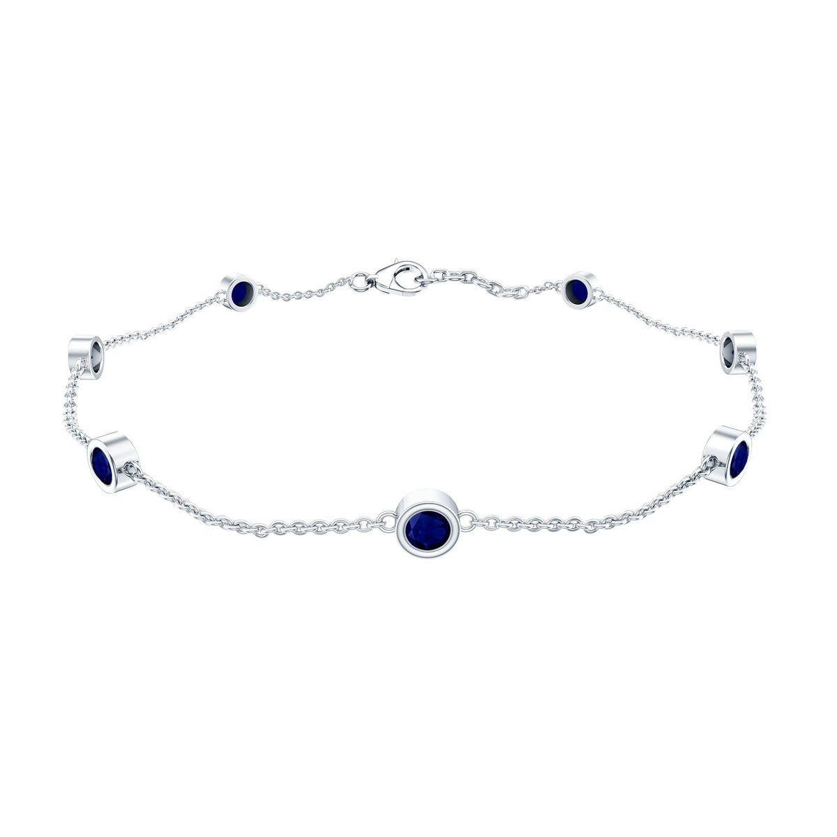 Natural Blue Sapphire 7 Stone Station Chain Bracelet