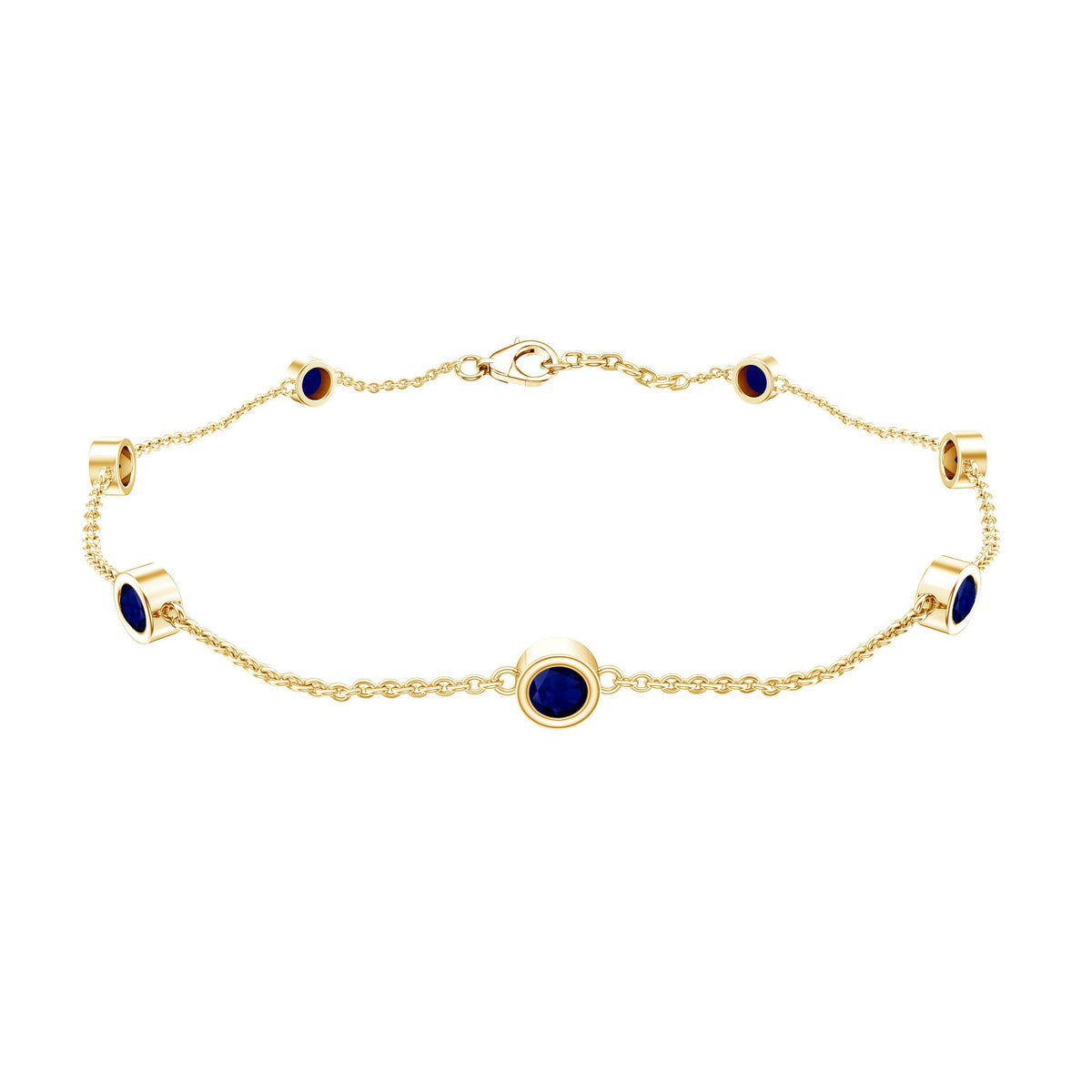 Natural Blue Sapphire 7 Stone Station Chain Bracelet