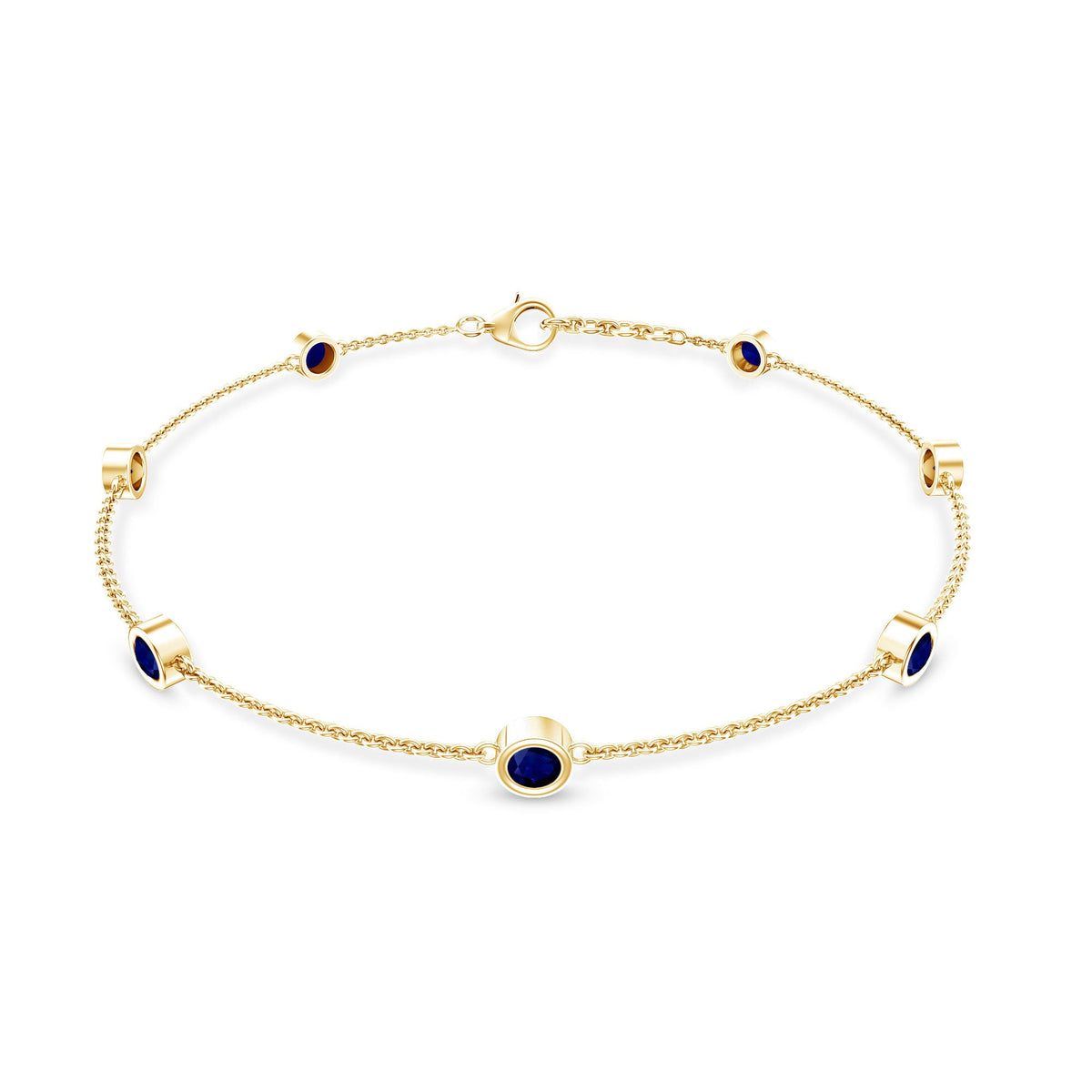 Natural Blue Sapphire 7 Stone Station Chain Bracelet