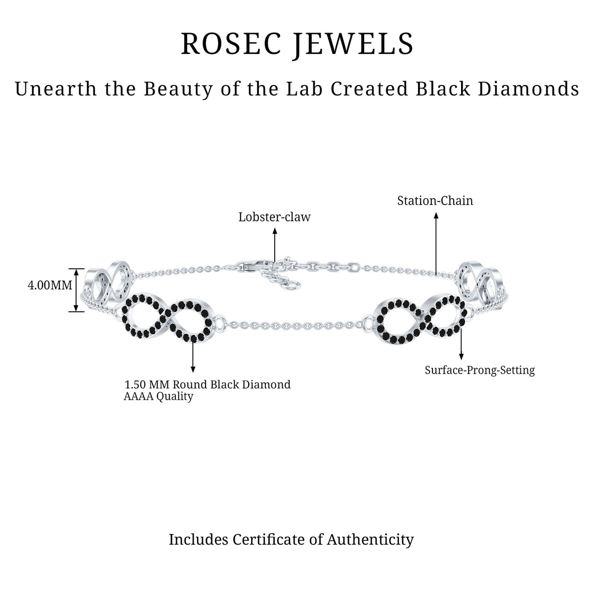 Certified Lab Grown Black Diamond Infinity Chain Bracelet