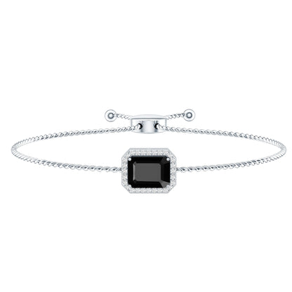 Natural 1.8 Carat Emerald Cut Black Onyx Bolo Bracelet with Diamond Halo