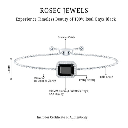 Natural 1.8 Carat Emerald Cut Black Onyx Bolo Bracelet with Diamond Halo