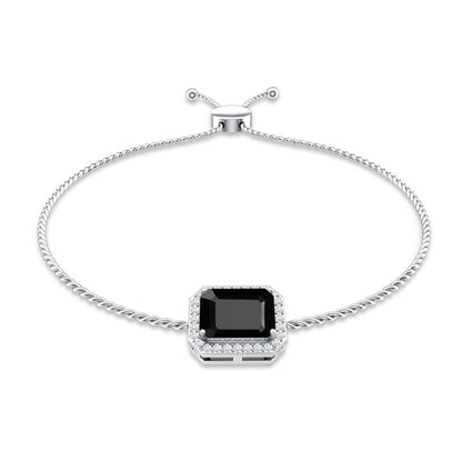 Natural 1.8 Carat Emerald Cut Black Onyx Bolo Bracelet with Diamond Halo