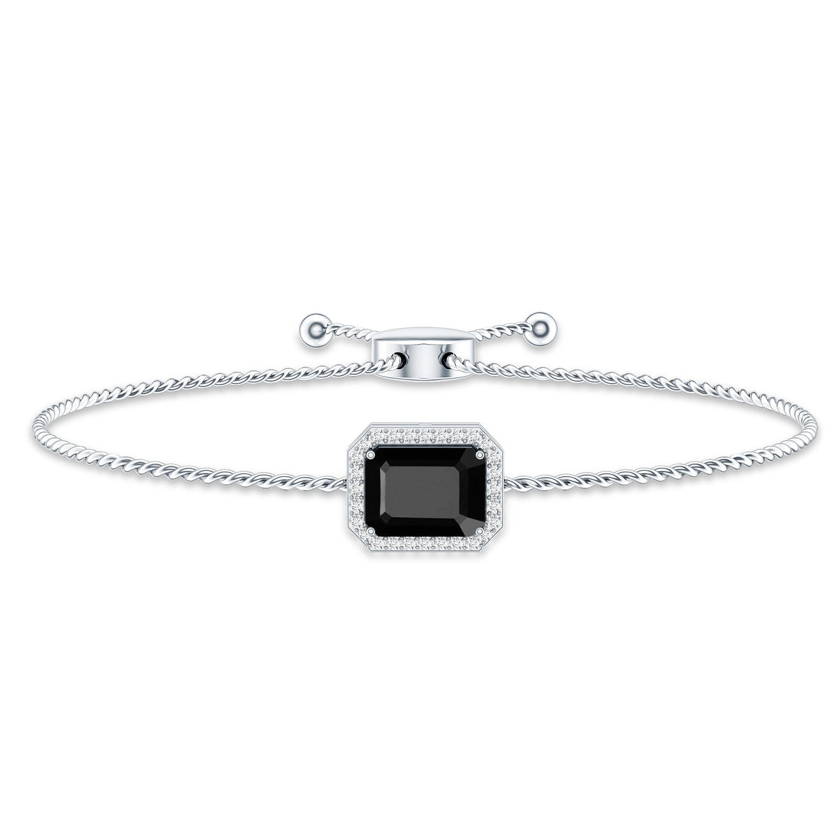 Natural 1.8 Carat Emerald Cut Black Onyx Bolo Bracelet with Diamond Halo