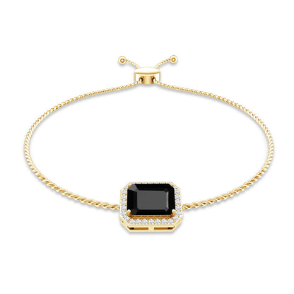 Natural 1.8 Carat Emerald Cut Black Onyx Bolo Bracelet with Diamond Halo