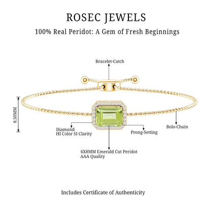 1.8 Carat Emerald Cut Peridot and Diamond Bolo Chain Bracelet