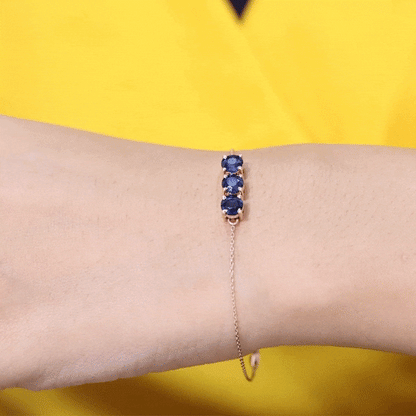 Natural Blue Sapphire Three Stone Chain Bracelet