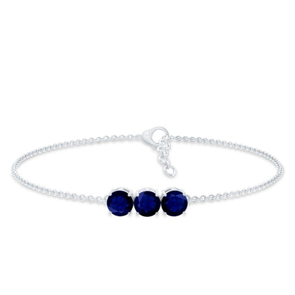 Natural Blue Sapphire Three Stone Chain Bracelet