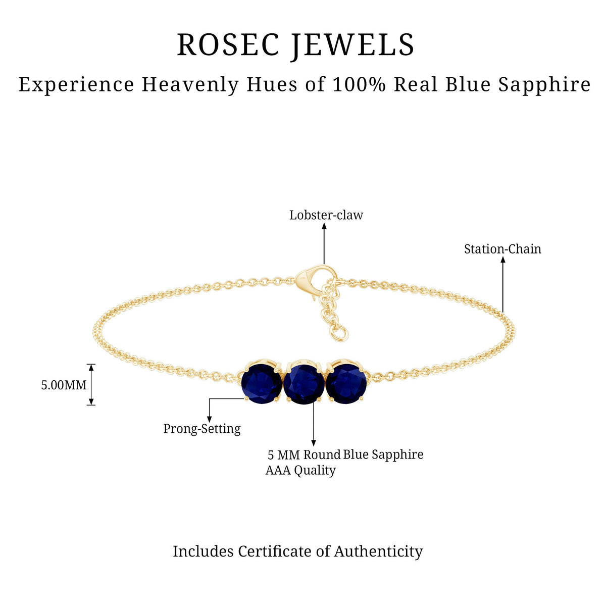 Natural Blue Sapphire Three Stone Chain Bracelet