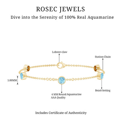 Real Aquamarine Station Chain Bracelet in Bezel Setting
