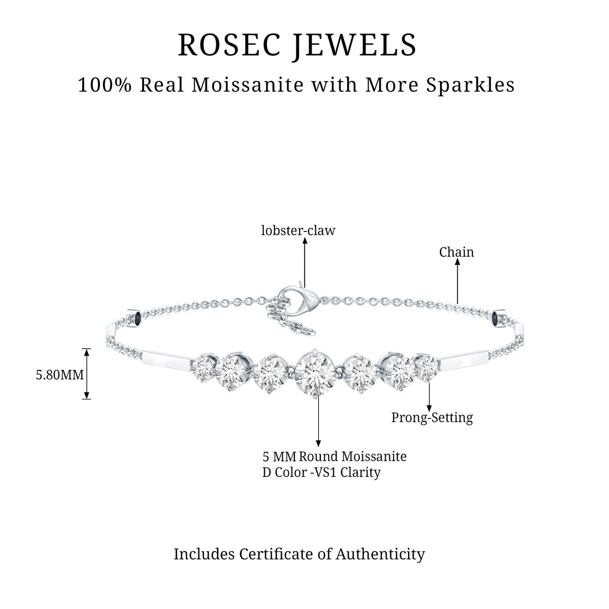Round Moissanite Link Chain Bracelet for Women