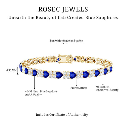Certified Lab Grown Blue Sapphire Heart Tennis Bracelet with Moissanite