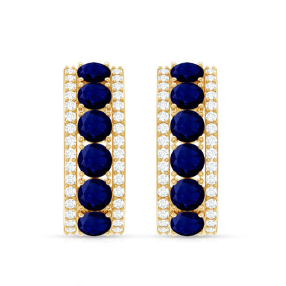 Real Blue Sapphire and Diamond Half Hoop Earrings