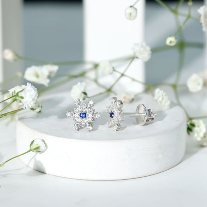 Created Blue Sapphire Snowflake Stud Earrings with Moissanite