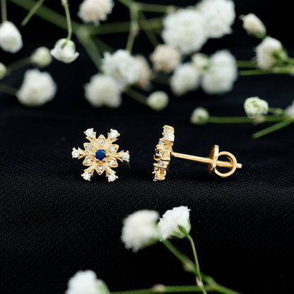 Created Blue Sapphire Snowflake Stud Earrings with Moissanite