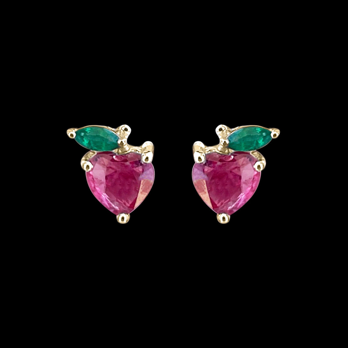 Heart Shape Ruby Strawberry Stud Earrings with Emerald