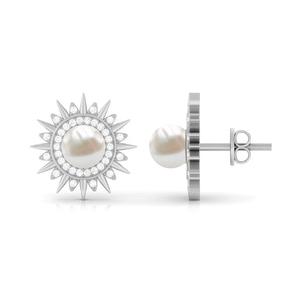 Cultured Freshwater Pearl Diamond Sunburst Earrings