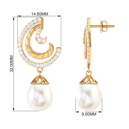Designer Freshwater Pearl Bridal Drop Earrings with Diamond