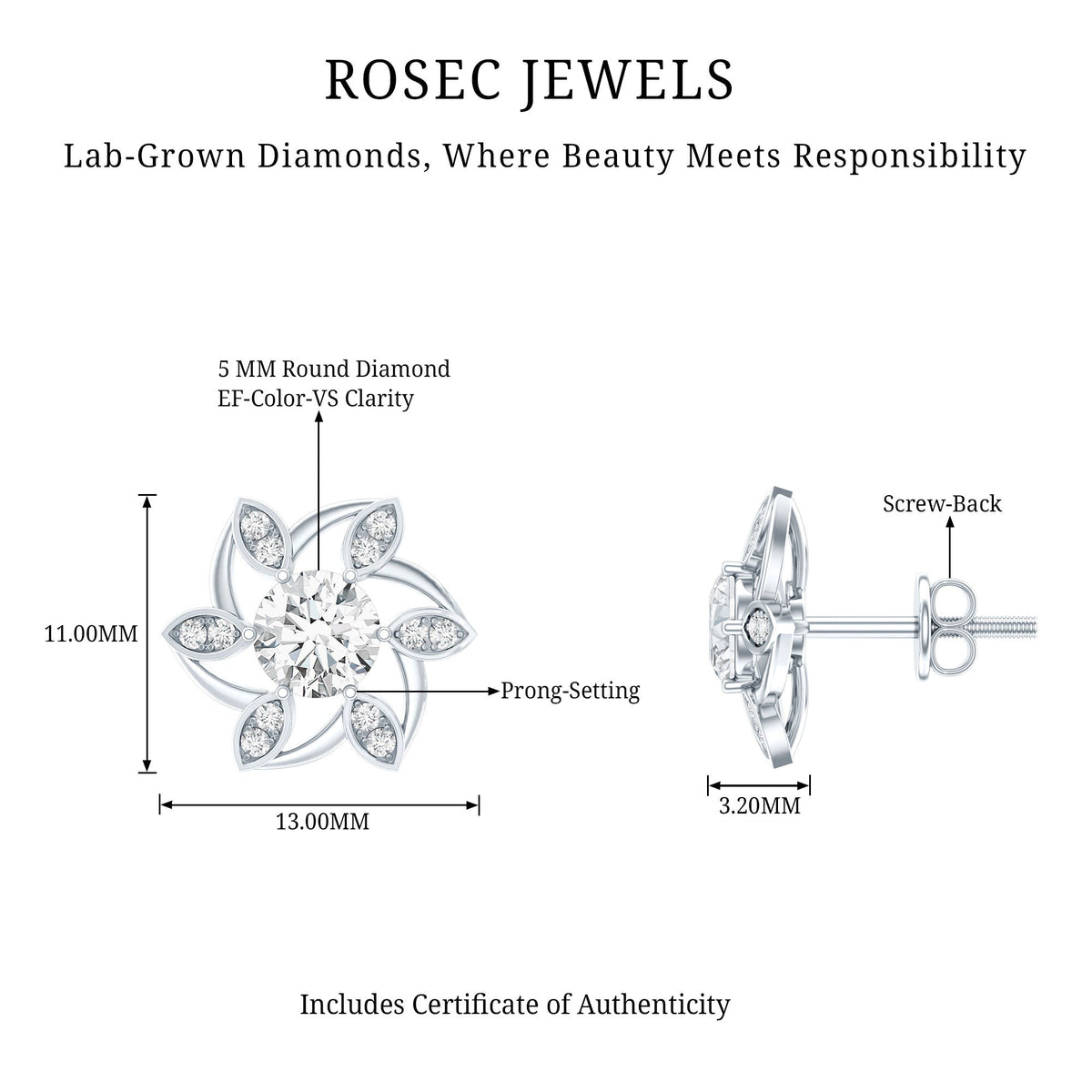 Certified Lab Grown Diamond Flower Stud Earrings With Screw Back