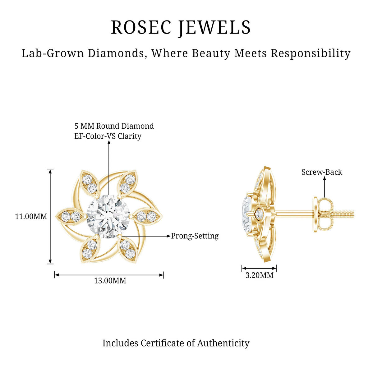 Certified Lab Grown Diamond Flower Stud Earrings With Screw Back
