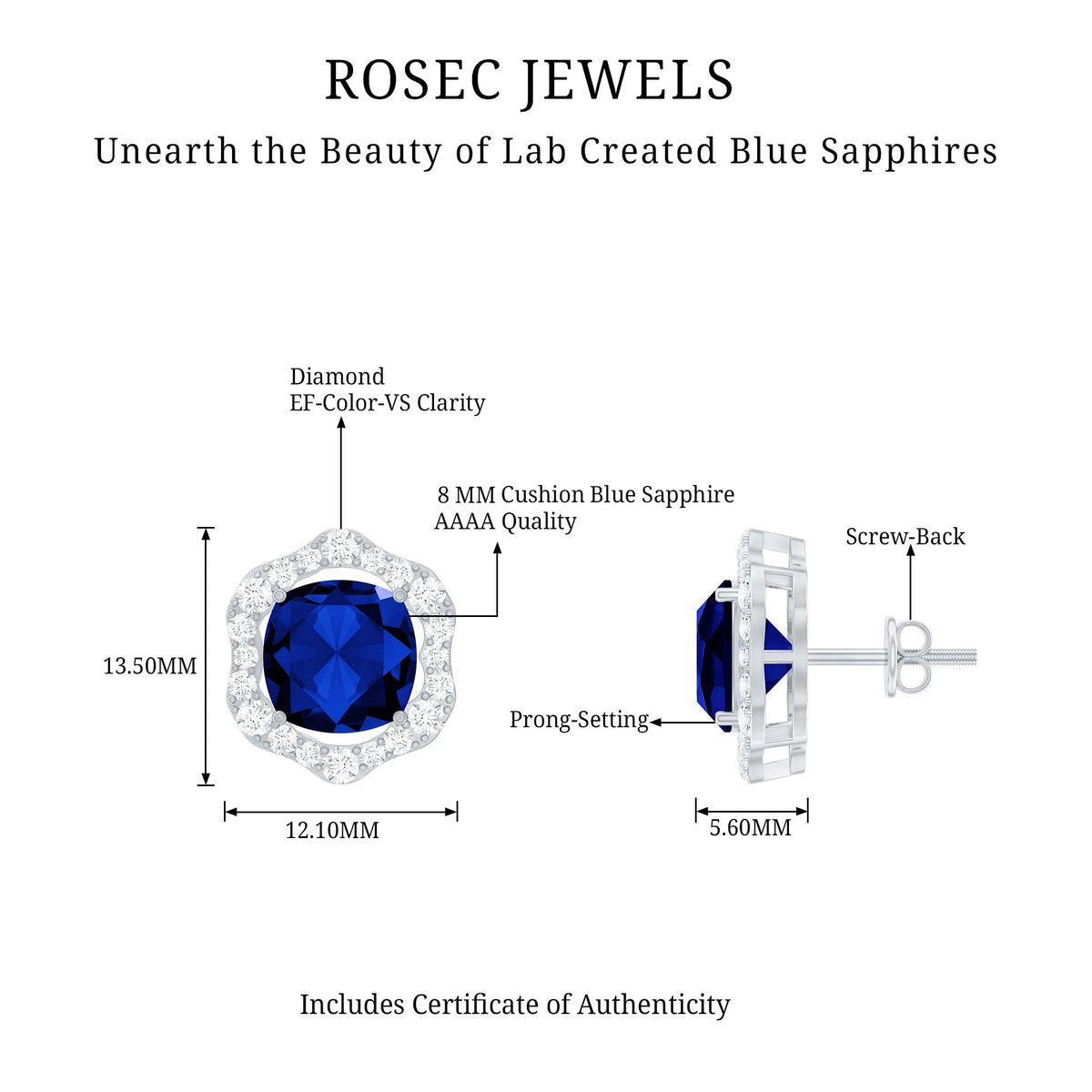 Classic Lab Grown Blue Sapphire Halo Stud Earrings with Diamond
