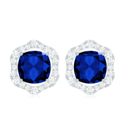 Classic Lab Grown Blue Sapphire Halo Stud Earrings with Diamond