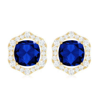 Classic Lab Grown Blue Sapphire Halo Stud Earrings with Diamond