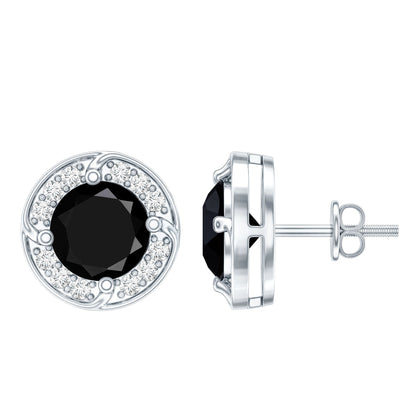 Lab Grown Black Diamond Halo Stud Earrings With Screw Back
