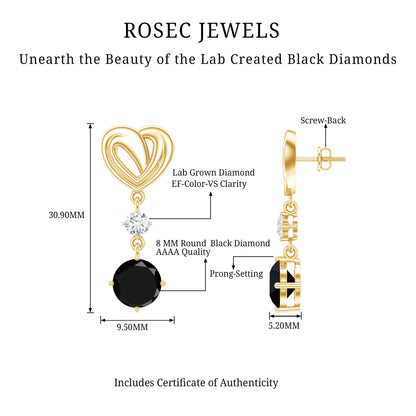 Heart Shaped Lab Grown Black Diamond Drop Earrings With Screw Back