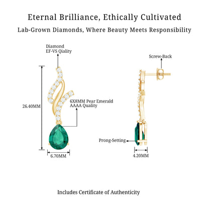 Vintage Lab Grown Emerald Teardrop Earrings with Diamond Accent