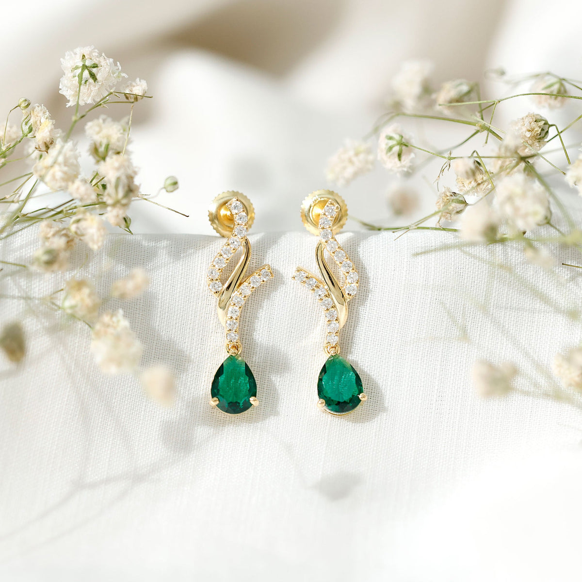 Vintage Lab Grown Emerald Teardrop Earrings with Diamond Accent