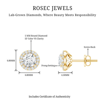 0.9 Carat Round Lab Grown Diamond Halo Stud Earrings With Screw Back