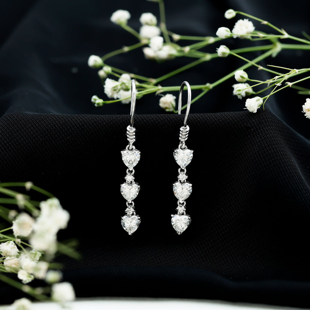 Certified Lab Heart Shaped Diamond Fish Hook Dangle Earrings