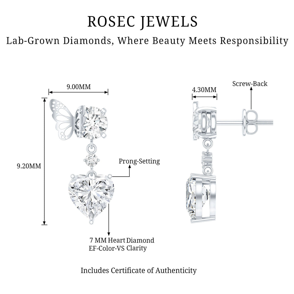 Heart Shaped Lab Grown Diamond Butterfly Drop Earrings