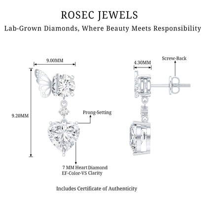 Heart Shaped Lab Grown Diamond Butterfly Drop Earrings