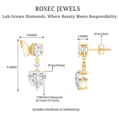 Heart Shaped Lab Grown Diamond Butterfly Drop Earrings