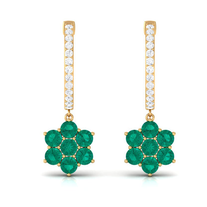 Natural Emerald Flower Drop Earrings with Diamond Hoop