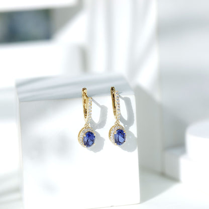Lab Grown Blue Sapphire Hoop Drop Earrings with Moissanite Halo