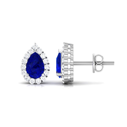 Lab Created Blue Sapphire Teardrop Stud Earrings with Diamond Halo